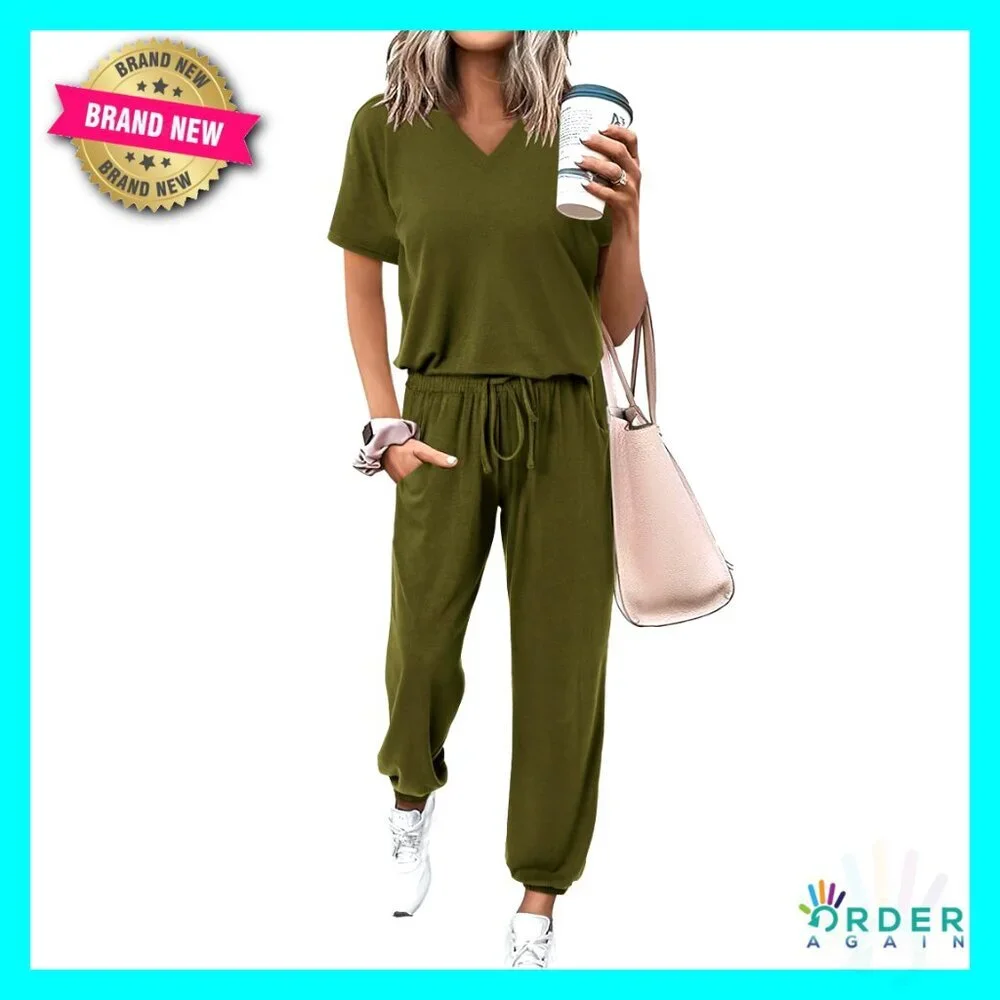 V-Neck Short Sleeve Tops Long Pants Tracksuit Lounge Jogger Set with Pockets